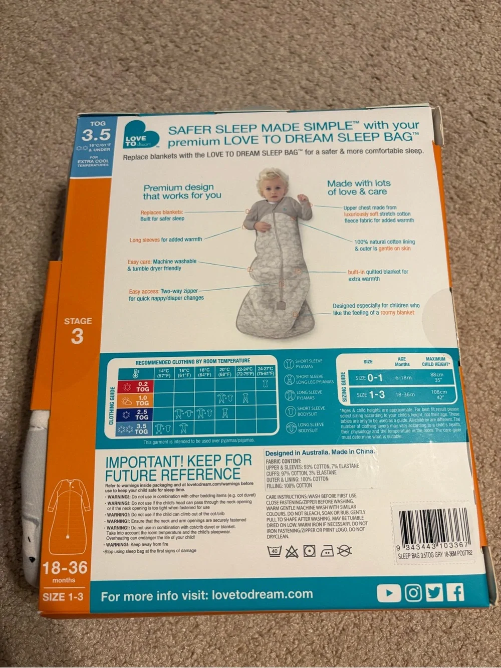 Love To Dream Stage 3 Sleep Bag 3.5 Tog